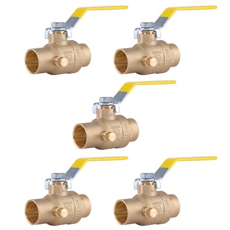 HAUSEN 1 in. SWT x 1 in. SWT Premium Brass Full Port Ball Valve with Drain (5PK), 5PK HA-BV123-5